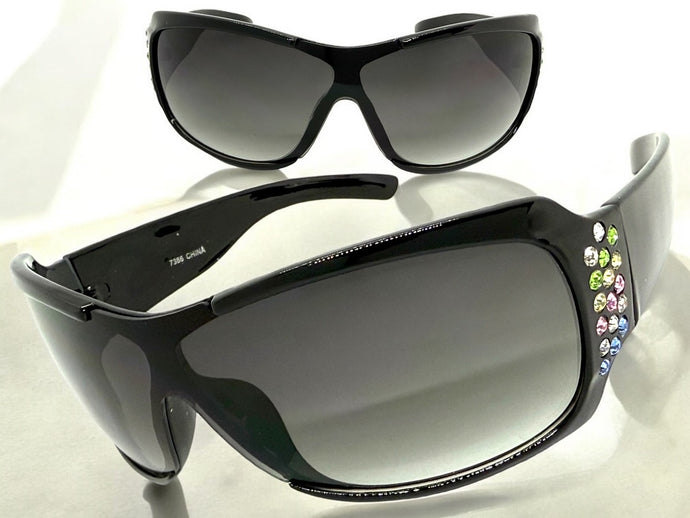 Oversized Modern Retro Wrap Shield Style Bling Sunglasses Large Black Frame with Sparkling Rhinestones 7386