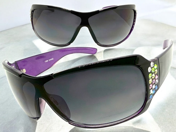 Oversized Modern Retro Wrap Shield Style Bling Sunglasses Large Black Frame with Sparkling Rhinestones 7386