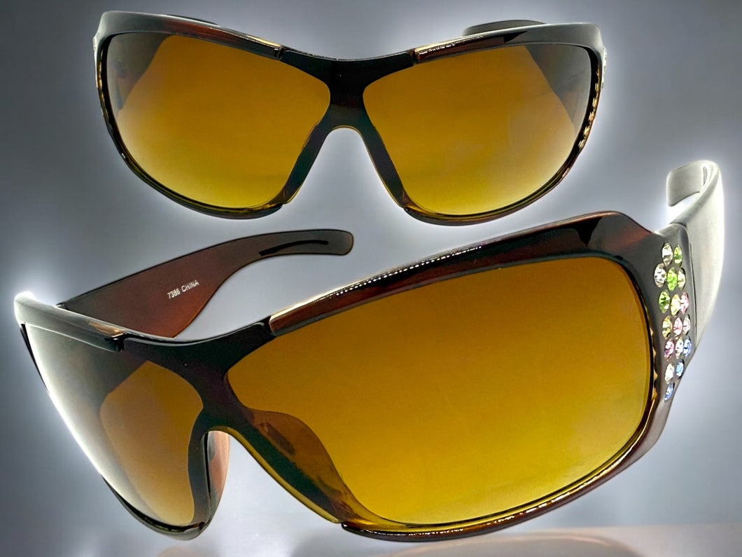 Oversized Modern Retro Wrap Shield Style Bling Sunglasses Large Brown Frame with Sparkling Rhinestones 7386