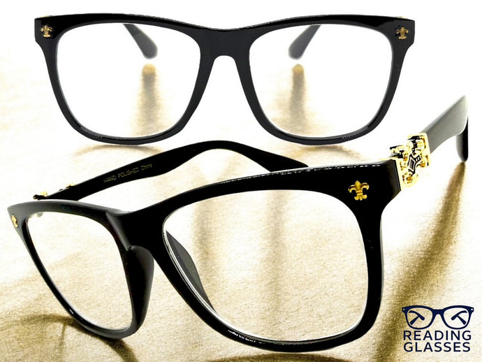 Classic Vintage Retro Style READING GLASSES READERS Black Frame Gold Cross Lens Strength +3.00