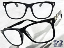 Classic Vintage Retro Style READING GLASSES READERS Black Frame Silver Cross Lens Strength +1.50