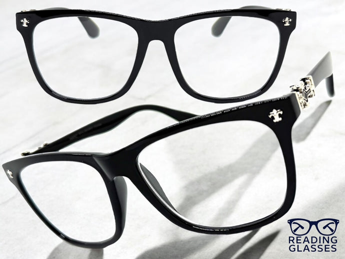 Classic Vintage Retro Style READING GLASSES READERS Black Frame Silver Cross Lens Strength +2.75