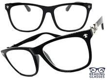 Classic Vintage Retro Style READING GLASSES READERS Black Frame Silver Cross Lens Strength +1.50