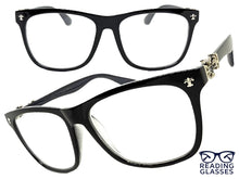 Classic Vintage Retro Style READING GLASSES READERS Black Frame Silver Cross Lens Strength +1.50