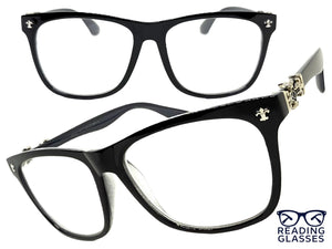 Classic Vintage Retro Style READING GLASSES READERS Black Frame Silver Cross Lens Strength +1.50