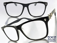 Classic Vintage Retro Style READING GLASSES READERS Black Frame Silver Cross Lens Strength +1.50