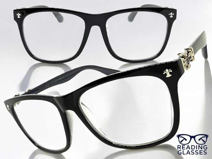 Classic Vintage Retro Style READING GLASSES READERS Black Frame Silver Cross Lens Strength +1.75