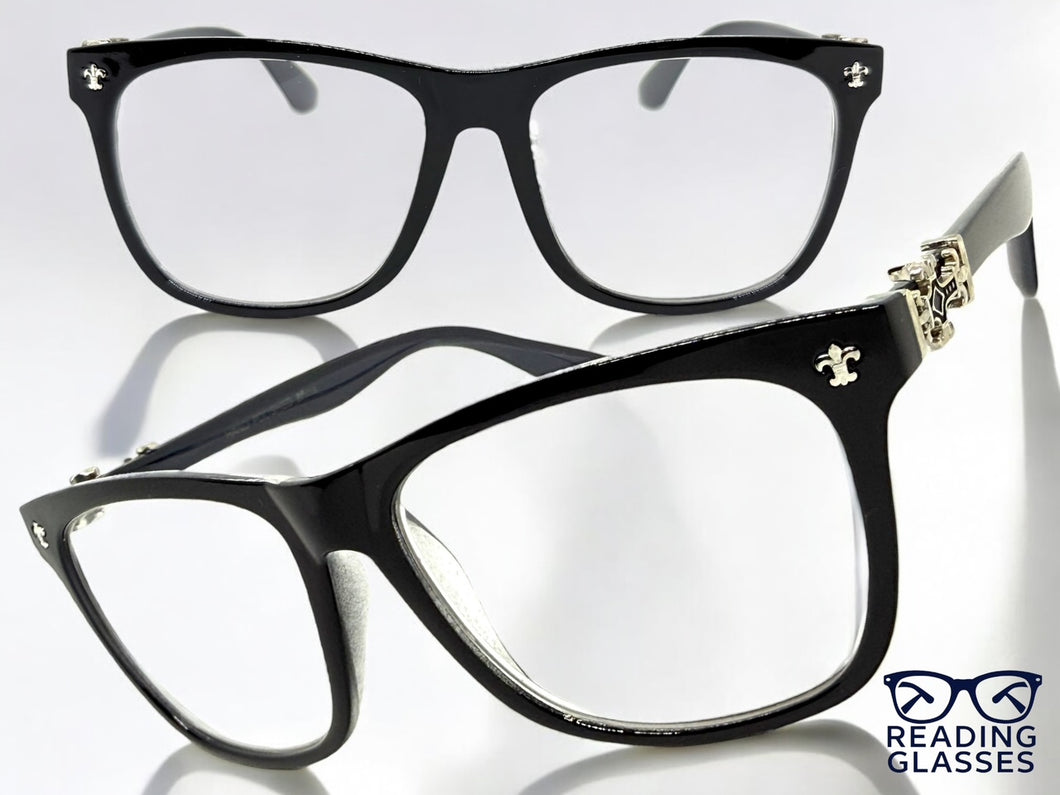 Classic Vintage Retro Style READING GLASSES READERS Black Frame Silver Cross Lens Strength +1.50
