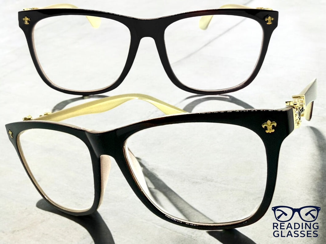 Classic Vintage Retro Style READING GLASSES READERS Brown Frame Gold Cross Lens Strength +2.00