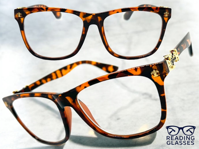 Classic Vintage Retro Style READING GLASSES READERS Tortoise Frame Gold Cross Lens Strength +3.25