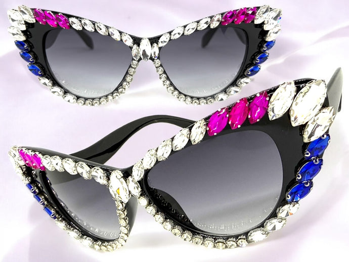 Oversized Exaggerated Retro Cat Eye Style Bling Sunglasses Large Black Frame with Sparkling Crystals 4598