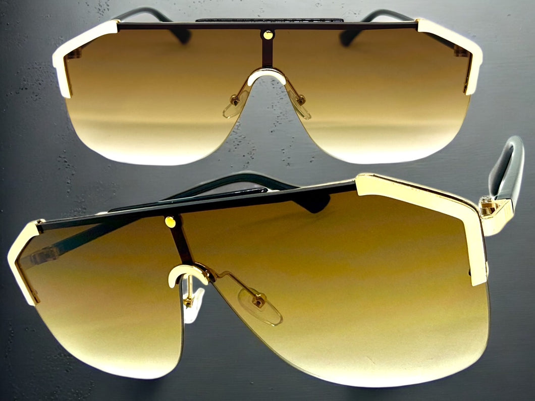 Classy Elegant Modern Retro Shield Style SUNGLASSES Large Gold Frame 8380