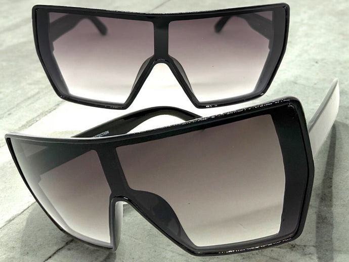 Oversized Futuristic Modern Rerto Shield Style SUNGLASSES Large Black Frame 7407
