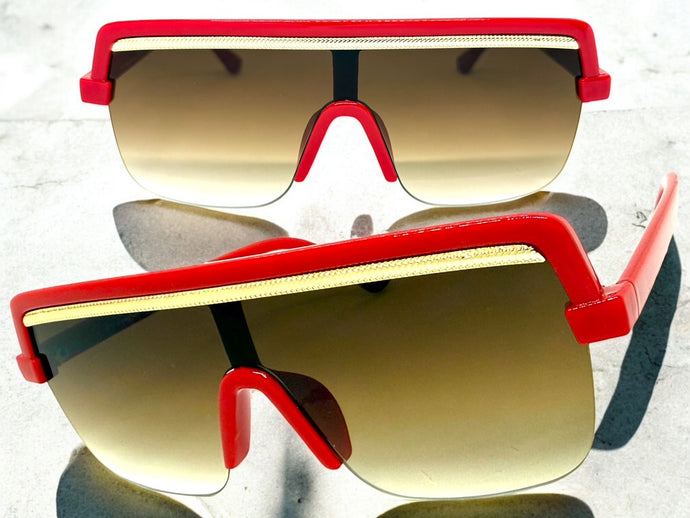 Oversized Elegant Modern Rerto Shield Style SUNGLASSES Large Red Frame 1032