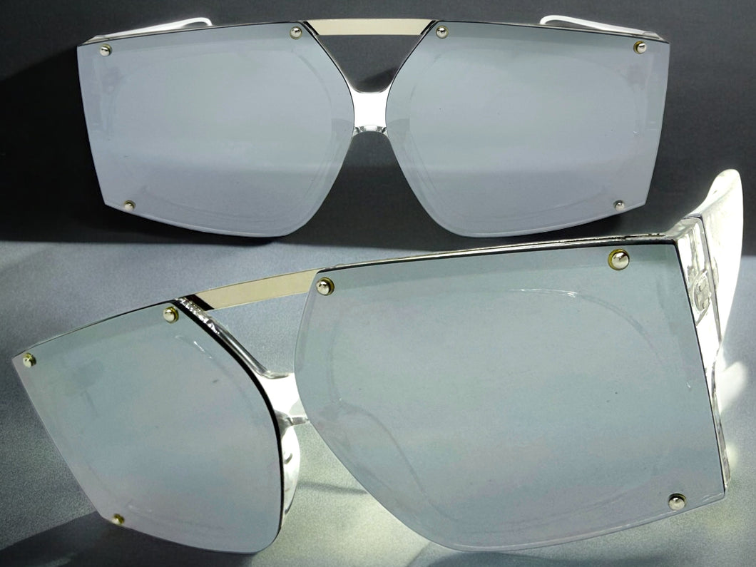 Oversized Futuristic Modern Rerto Shield Style SUNGLASSES Large Crystal Clear Frame 8350