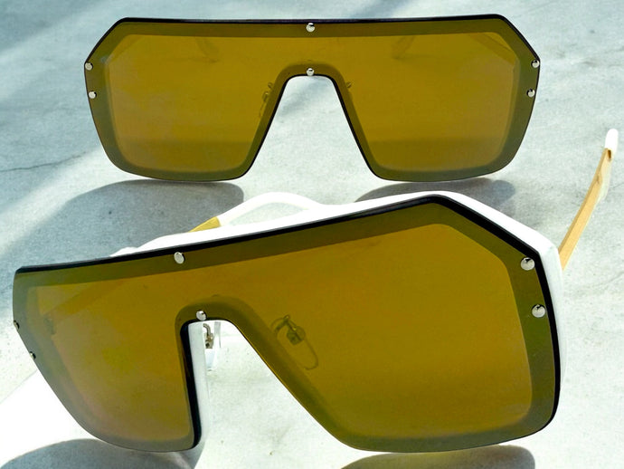 Classy Elegant Futuristic Modern Rerto Shield Style SUNGLASSES Large White Frame 8837