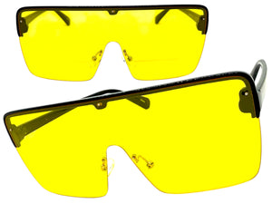 Oversized Modern Rerto Shield Style SUNGLASSES Large Black Frame Yellow Lens 6480