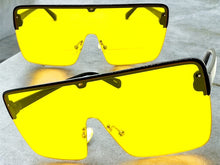 Oversized Modern Rerto Shield Style SUNGLASSES Large Black Frame Yellow Lens 6480