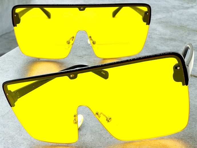 Oversized Modern Rerto Shield Style SUNGLASSES Large Black Frame Yellow Lens 6480