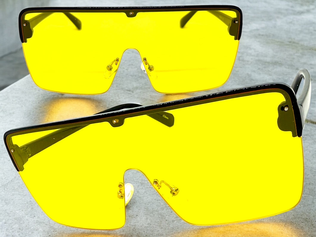 Oversized Modern Rerto Shield Style SUNGLASSES Large Black Frame Yellow Lens 6480