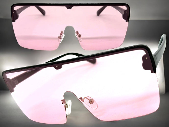Oversized Modern Rerto Shield Style SUNGLASSES Large Black Frame Pink Lens 6480