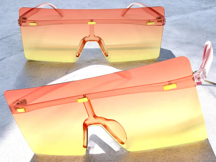 Oversized Exaggerated Modern Rerto Shield Style SUNGLASSES Large Pink Frame E1513