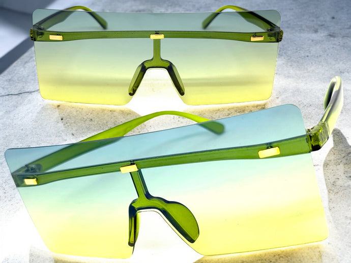 Oversized Exaggerated Modern Rerto Shield Style SUNGLASSES Large Green Frame E1513