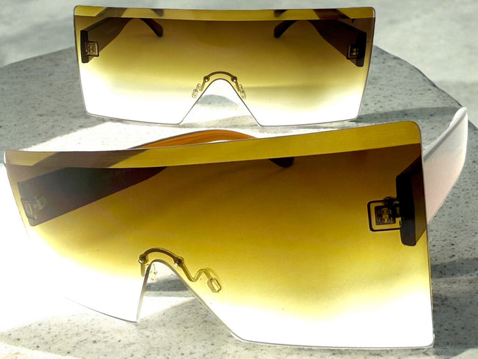 Oversized Exaggerated Modern Rerto Shield Style SUNGLASSES Large Brown Frame 8006