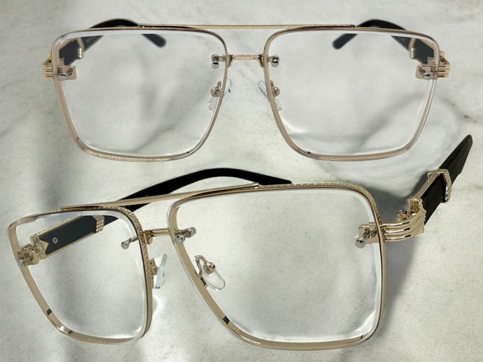 Classic Vintage Retro Style Clear Lens with Slight Tint SUNGLASSES Square Rose Gold & Wood Frame E2156