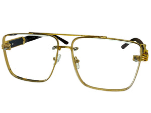 Classic Vintage Retro Style Clear Lens with Slight Tint SUNGLASSES Square Gold & Wood Frame E2156