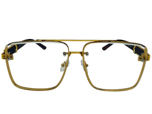 Classic Vintage Retro Style Clear Lens with Slight Tint SUNGLASSES Square Gold & Wood Frame E2156