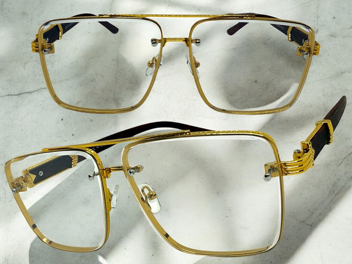Classic Vintage Retro Style Clear Lens with Slight Tint SUNGLASSES Square Gold & Wood Frame E2156