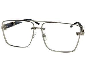 Classic Vintage Retro Style Clear Lens with Slight Tint SUNGLASSES Square Silver & Wood Frame E2156