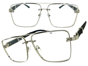 Classic Vintage Retro Style Clear Lens with Slight Tint SUNGLASSES Square Silver & Wood Frame E2156