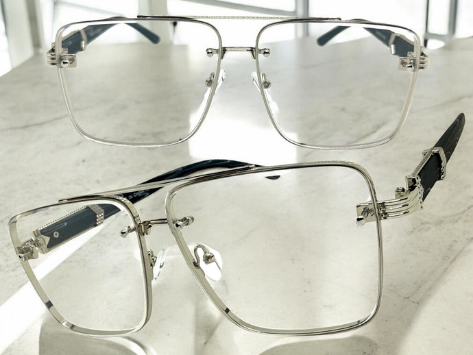 Classic Vintage Retro Style Clear Lens with Slight Tint SUNGLASSES Square Silver & Wood Frame E2156