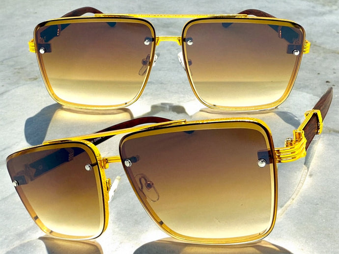 Classic Vintage Retro Hip Hop Style SUNGLASSES Square Gold & Wood Frame E2156