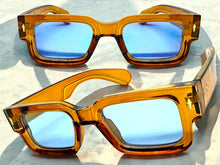Classic Vintage Retro Style SUNGLASSES Thick Brown Frame - Blue Lens 1379
