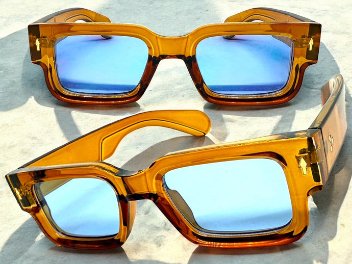 Classic Vintage Retro Style SUNGLASSES Thick Brown Frame - Blue Lens 1379
