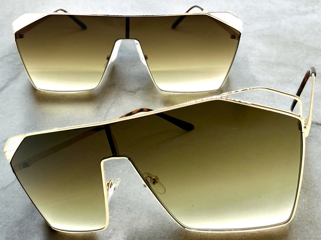 Oversized Sleek Modern Retro Shield Style SUNGLASSES Large Gold Frame 4575