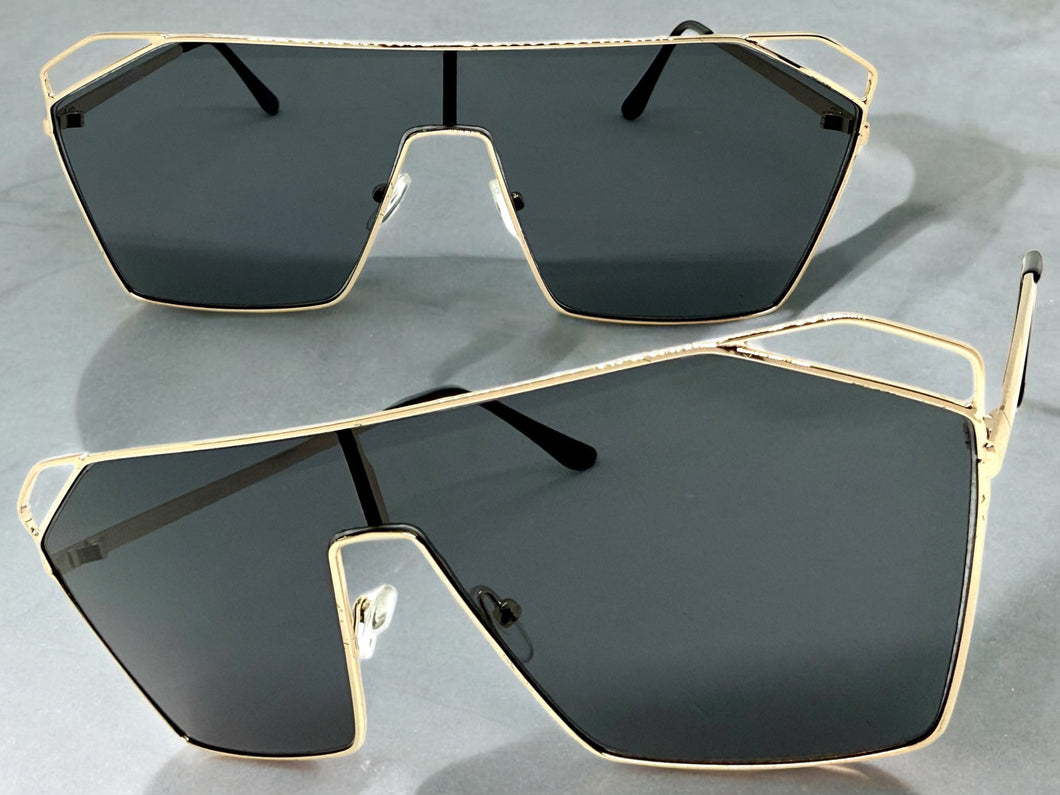Oversized Sleek Modern Retro Shield Style SUNGLASSES Large Gold Frame 4575