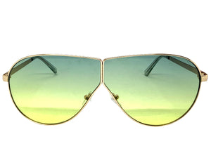 Oversized Modern Retro Shield Style SUNGLASSES Large Gold Frame - Green Lens 4616