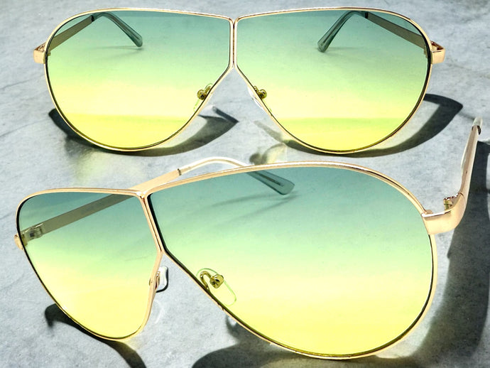Oversized Modern Retro Shield Style SUNGLASSES Large Gold Frame - Green Lens 4616