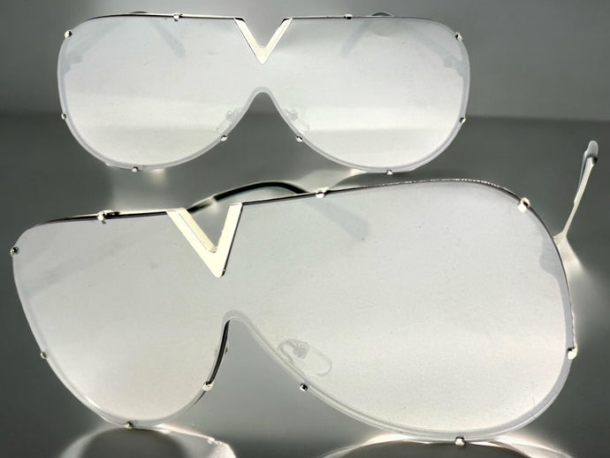Oversized Sleek Modern Retro Shield Style SUNGLASSES Large Silver Frame 4624
