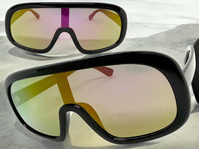 Oversized Exaggerated Modern Rerto Shield Style SUNGLASSES Large Black Frame 7290
