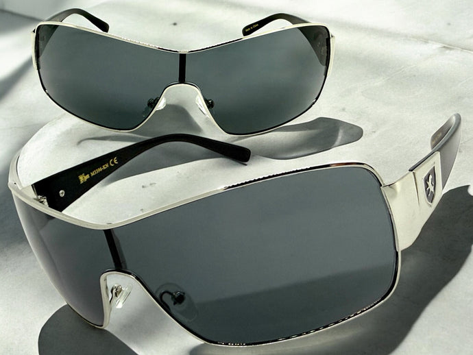 Classic Contemporary Modern Wrap Shield Style SUNGLASSES Sleek Silver Frame 3396
