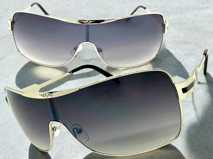 Classic Contemporary Modern Wrap Shield Style SUNGLASSES Sleek Silver Frame 3728