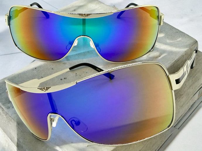 Classic Contemporary Modern Wrap Shield Style SUNGLASSES Sleek Silver Frame 3728