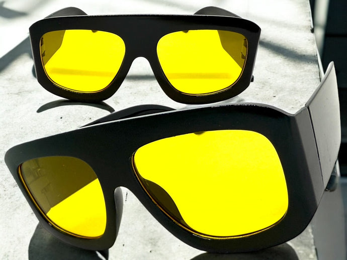 Oversized Classic Vintage Retro Style SUNGLASSES Super Thick Black Frame Yellow Lens 1386
