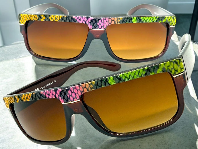 Classic Vintage Retro Hip Hop Rapper Pimp Style SUNGLASSES Thick Brown Snakeskin Frame 1221