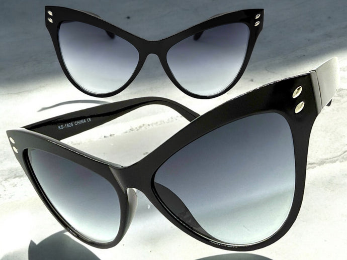 Oversized Exaggerated Classic Vintage Retro Cat Eye Style SUNGLASSES Large Black Frame 1825